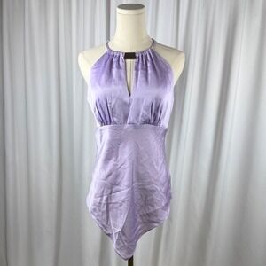 Cache Lavender Satin Halter Top Handkerchief Hem Keyhole Metal Detail Purple XS